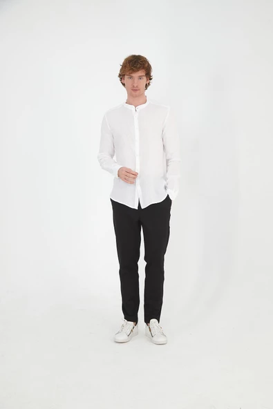 Erkek Regular Fit Hakim Yaka %100 Keten Uzun Kollu Gömlek - 5