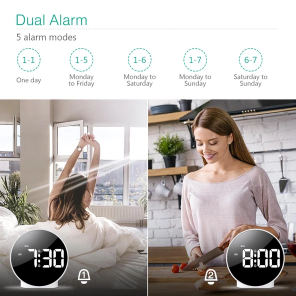 Valkyrie Çift Alarmlı LED Touch Snooze Şık Tasarım Masa Saati Siyah - 8