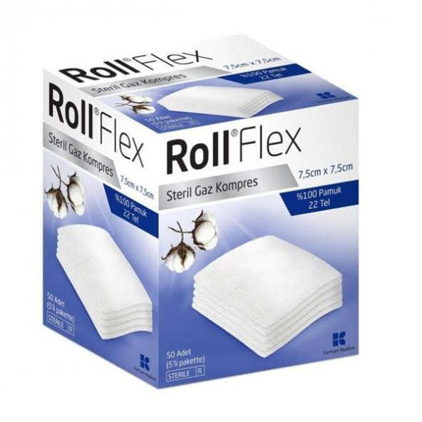 Roll Flex Steril Gaz Kompres 7,5cm x 7,5cm ( 5'li pakette) 50 Adet -SKT: 04/2027