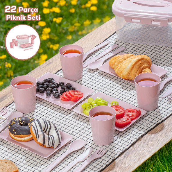 Porsima SP049 4 Kişilik Dikdörtgen Piknik Seti - Çantalı Piknik Seti-22 Parça Piknik Organizer-Pembe