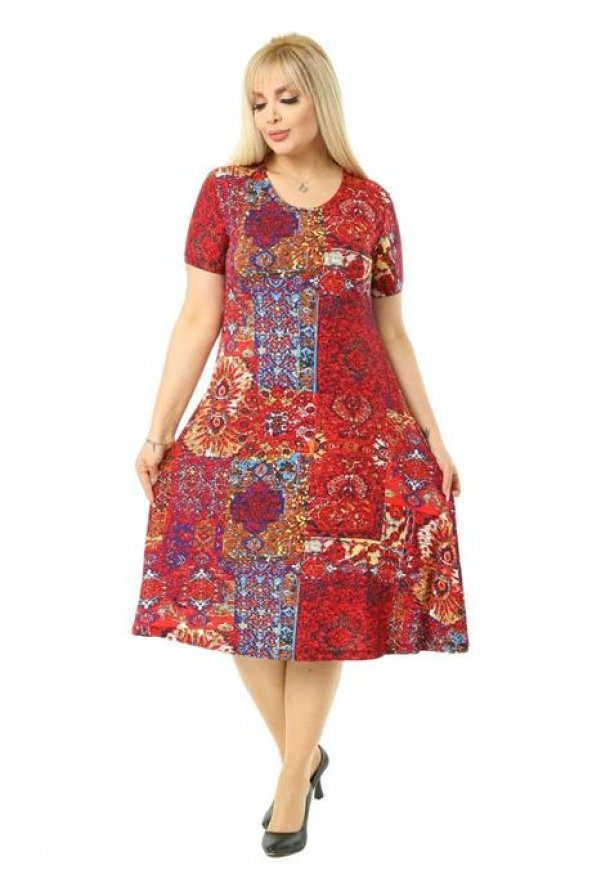 Melsay Butik Kırmızı Etnik Desen Kısa Kollu Büyük Beden Midi Elbise