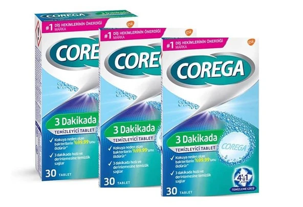 Corega 3 Dakikada Temizleyici 30 Tablet - 3'LÜ Paket - SKT:10/2027