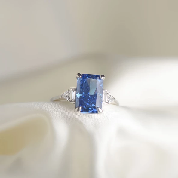 14k Altın Mavi Radyant Yüzük - Resim 2