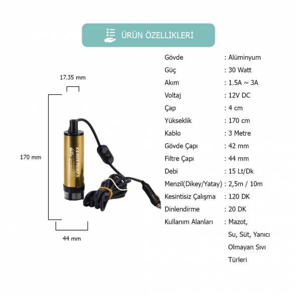 KIZILIRMAK 12 VOLT ALÜMİNYUM DALGIÇ TİPİ SIVI AKTARMA POMPASI (FİLTRE + ARAPUAR + ÇAKMAKLIK) - 2