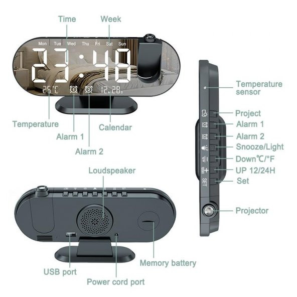 Valkyrie Projeksiyon Çift Alarm Dereceli LED Masa Saati - 6