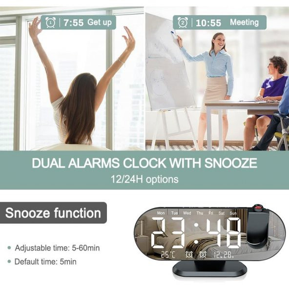 Valkyrie Projeksiyon Çift Alarm Dereceli LED Masa Saati - 8