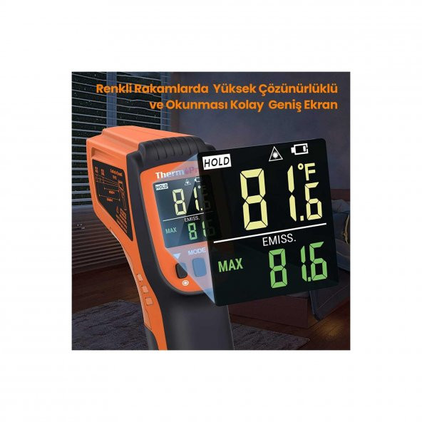 ThermoPro TP450 -50C/+550C Antişok Dual Lazer Endüstriyel Kızılötesi Temassız Termometre - Resim 3