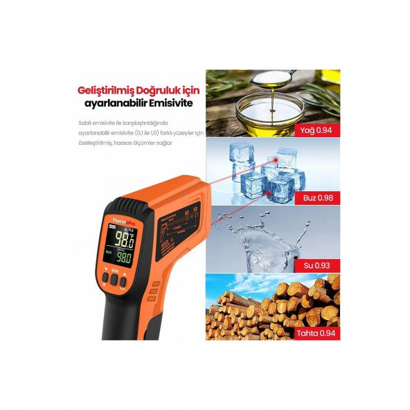 ThermoPro TP450 -50C/+550C Antişok Dual Lazer Endüstriyel Kızılötesi Temassız Termometre - Resim 5
