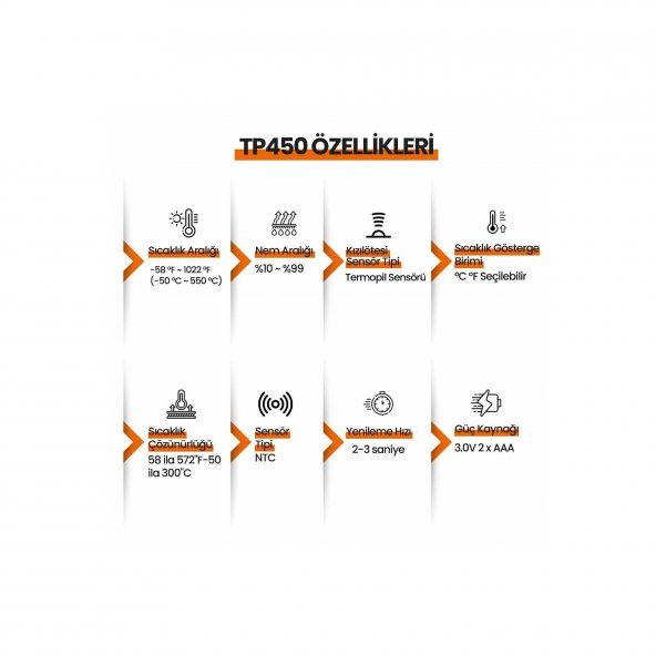 ThermoPro TP450 -50C/+550C Antişok Dual Lazer Endüstriyel Kızılötesi Temassız Termometre - Resim 9