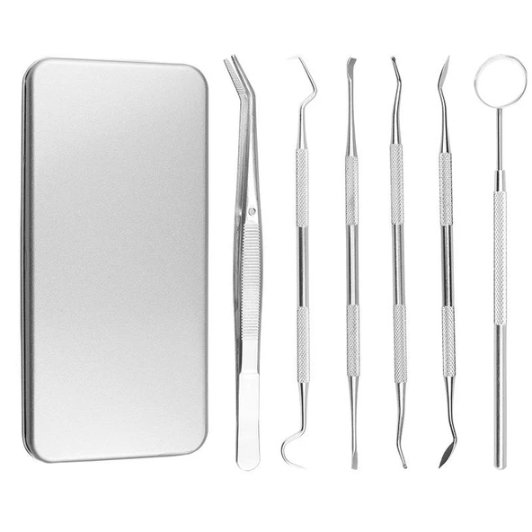 Valkyrie 6 adet Metal Kutulu Paslanmaz Çelik Diş Tartar Dil Temizleme Dental Ağız Bakım Seti - 3