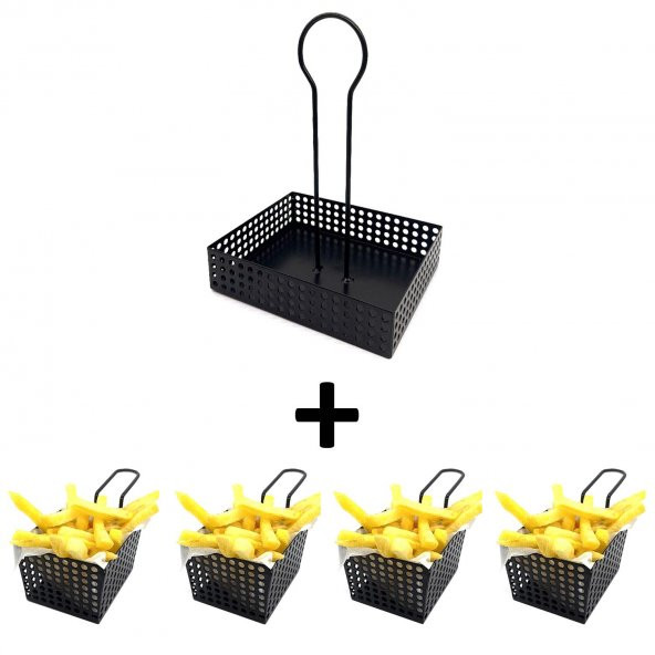 4 Adet Mini Patateslik ve 1 Adet Sosluk - Cafe, Restaurant Burger Sunum, Servis Ekipmanı Model-1 SİYAH - 2