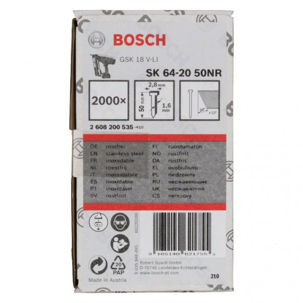 Bosch Gnh 18v-64 m Uyumlu SK64-20 NR Paslanmaz Başsız Çivi 50mm 2000 Adet 2608200535