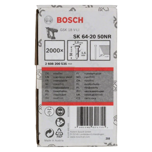 Bosch Gnh 18v-64 m Uyumlu SK64-20 NR Paslanmaz Başsız Çivi 50mm 2000 Adet 2608200535 ürün görseli