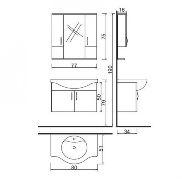 Denko Akyazı 80 cm MDF Beyaz Banyo Dolabı,Alt Modül ve Lavabo - 2