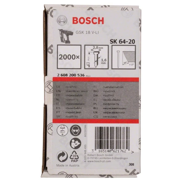 Bosch Gnh 18v-64 m Uyumlu SK64-20 NR Paslanmaz Başsız Çivi 63mm 2000 Adet 2608200536 ürün görseli