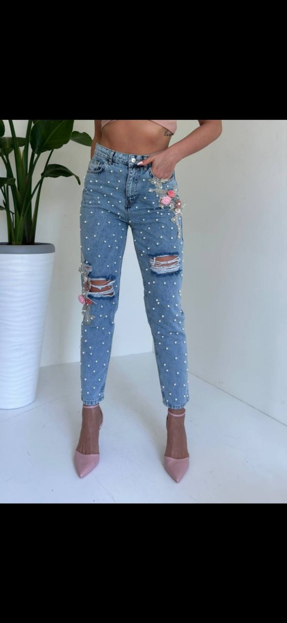 MAVİ İNCİ VE ÇİÇEK DETAYLI JEAN - 2