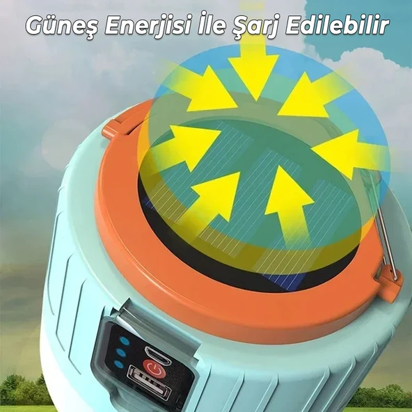 Kamp Lambası Ledli Uzaktan Kumandalı El Feneri Işıldak Güneş Enerjili Şarjlı Pilli Portatif Gece Lambası - 5