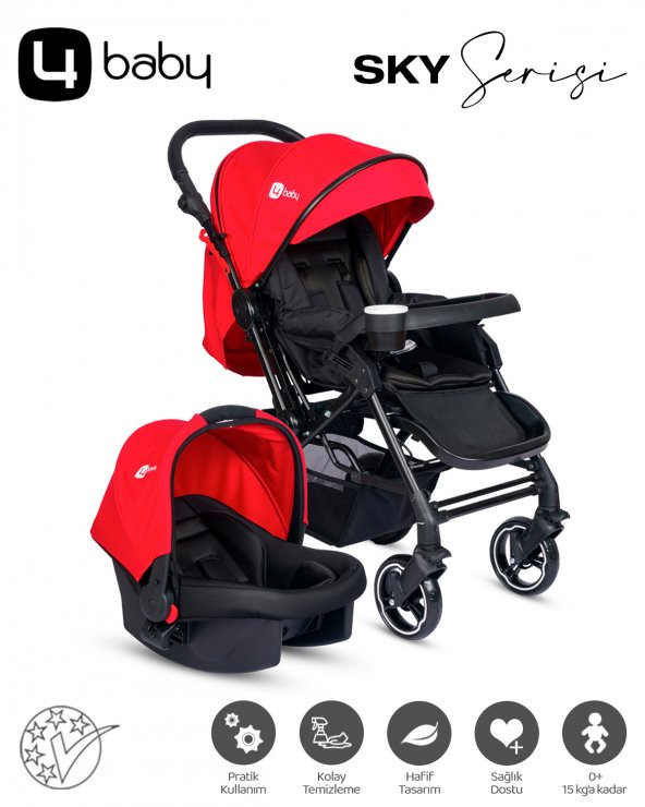 4 Baby Active Plus Sky Serisi Travel Sistem Bebek Arabası-Kırmızı