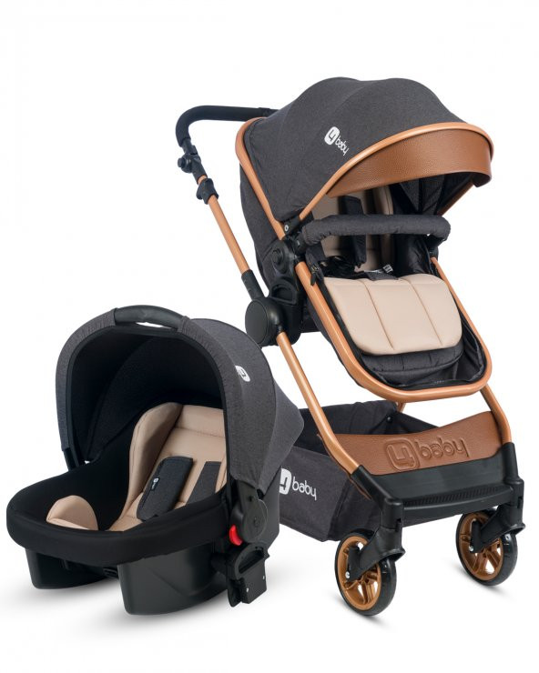 4 Baby Comfort Gold-Antrasit  Travel Sistem Bebek Arabası Seyahat Sistem Puset, Taşıma Koltuğu, Yağmurluk
