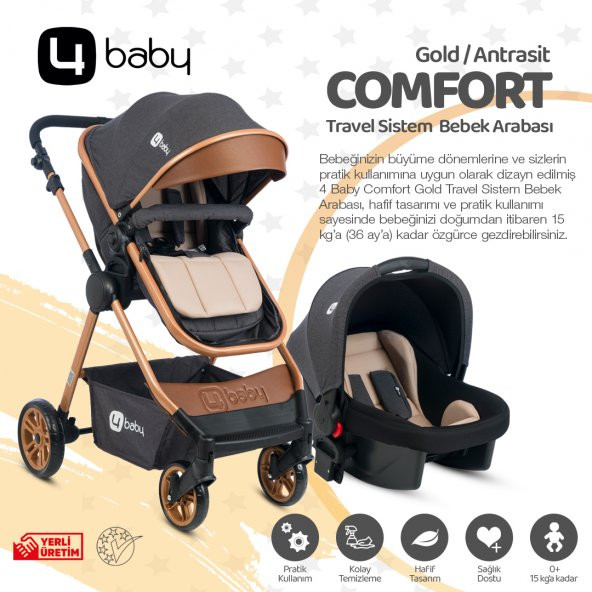 4 Baby Comfort Gold-Antrasit  Travel Sistem Bebek Arabası Seyahat Sistem Puset, Taşıma Koltuğu, Yağmurluk - 4