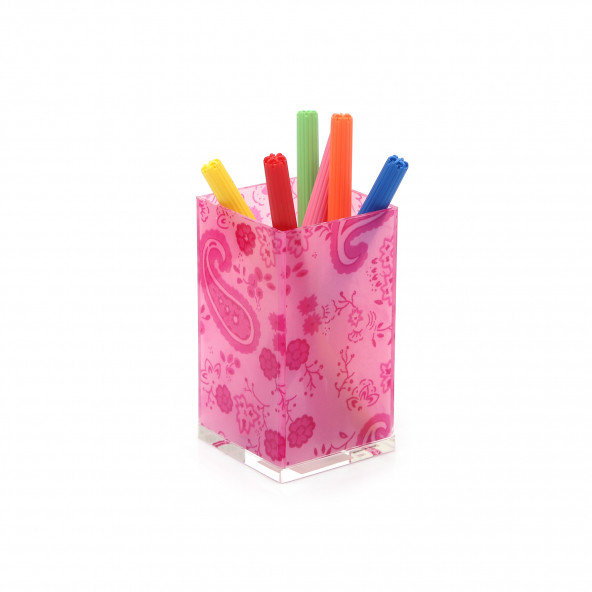 KIR70317D2 KALEMLİK PEMBE KUMAŞ DESENLİ OFİS GERECİ 6X6X12CM 300ML