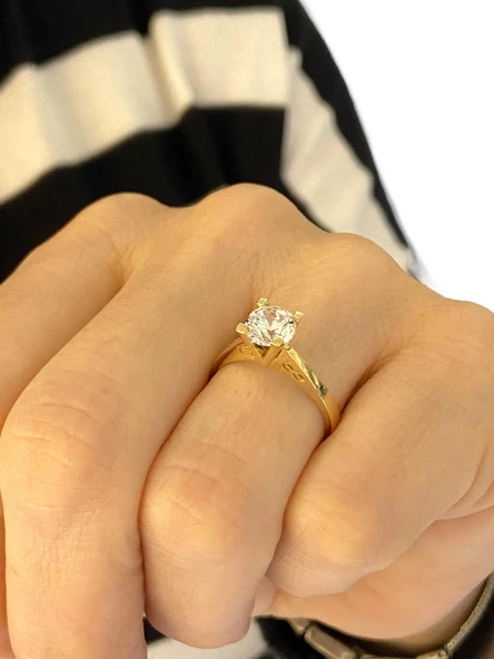 2 Karat 6 mm Zirkon Kalp Sonsuzluk Tek Taş Altın Yüzük - Resim 3