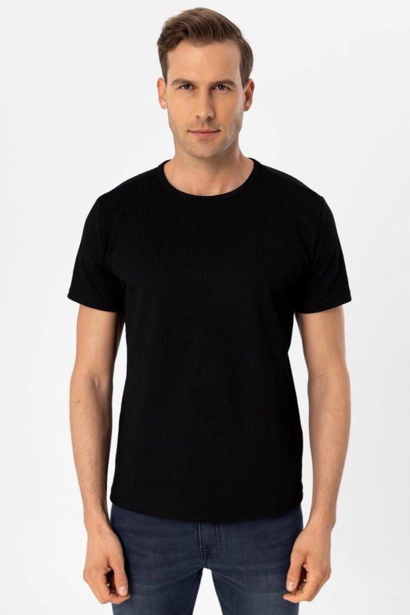 O Yaka Regular Kalıp Armürlü Tişört - Resim 2