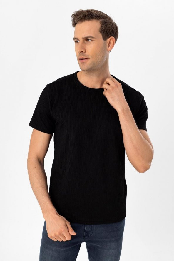 O Yaka Regular Kalıp Armürlü Tişört - Resim 3