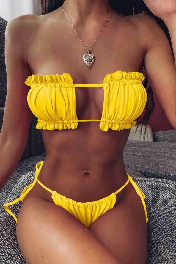 Brezilya Model Büzgülü Bağlamalı Bikini üstü Sarı