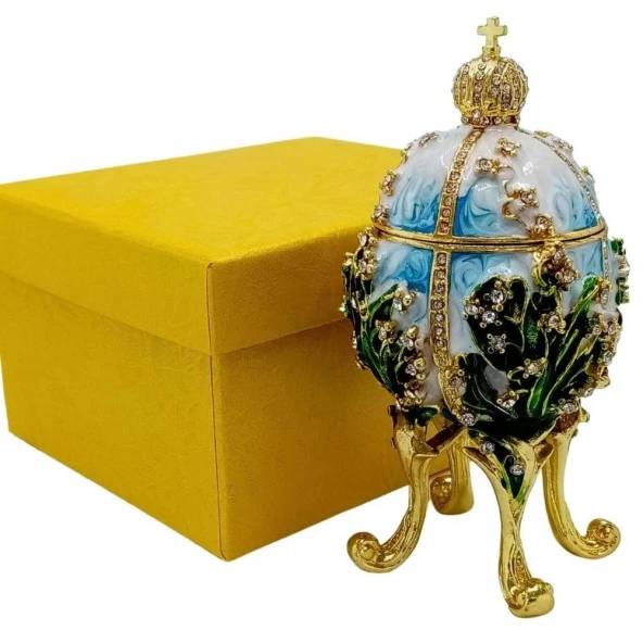 Faberge Yumurta Swarovski Taşlı Lüks Mücevher Kutusu Mavi Yeşil 12cm HEDİYELİ - Resim 2