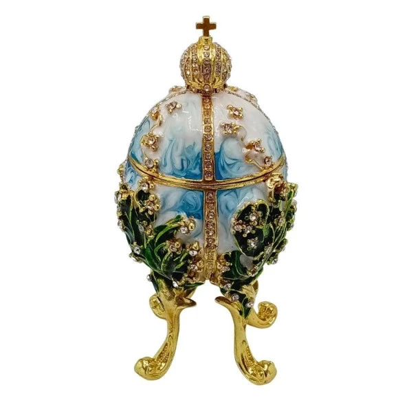 Faberge Yumurta Swarovski Taşlı Lüks Mücevher Kutusu Mavi Yeşil 12cm HEDİYELİ - Resim 5