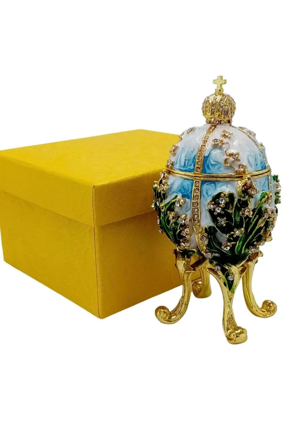 Faberge Yumurta Swarovski Taşlı Lüks Mücevher Kutusu Mavi Yeşil 12cm HEDİYELİ - Resim 7