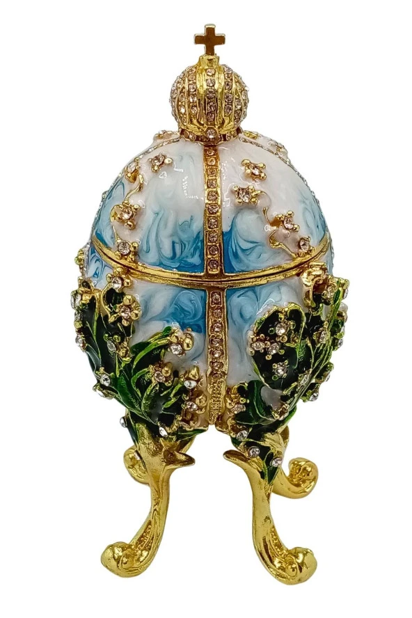 Faberge Yumurta Swarovski Taşlı Lüks Mücevher Kutusu Mavi Yeşil 12cm HEDİYELİ - Resim 10