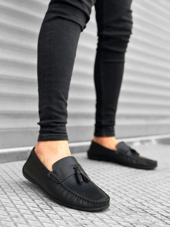 BA0306 İçi Dışı Hakiki Deri Püsküllü Siyah Klasik Erkek Corcik Ayakkabısı - Resim 2