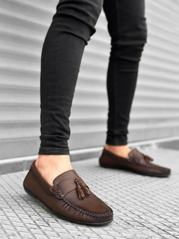 BA0306 İçi Dışı Hakiki Deri Püsküllü Kahverengi Klasik Erkek Corcik Ayakkabısı - Resim 2