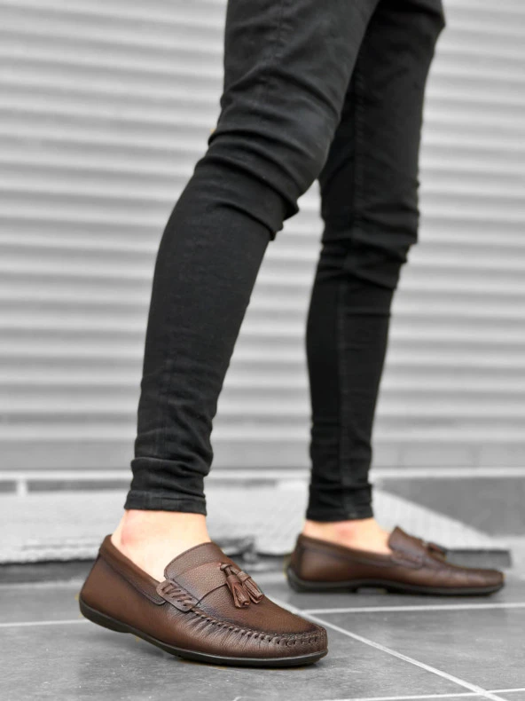 BA0306 İçi Dışı Hakiki Deri Püsküllü Kahverengi Klasik Erkek Corcik Ayakkabısı - Resim 3