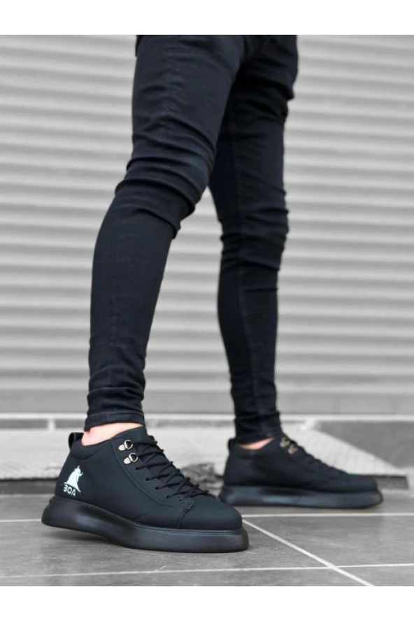 BA0220 Bağcıklı Erkek Yüksek Taban Siyah Siyah Taban Spor Ayakkabı - Resim 2