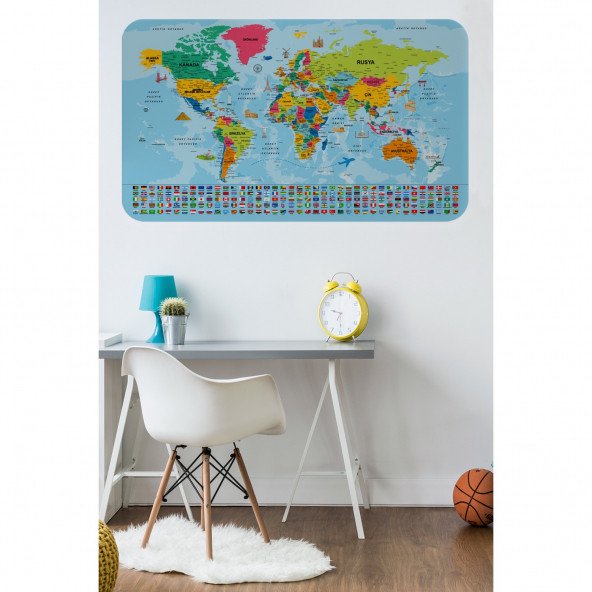 Dünya Haritası Eğitici Öğretici Ülke Bayraklı Çocuk Genç Odası Duvar Sticker 100x65cm