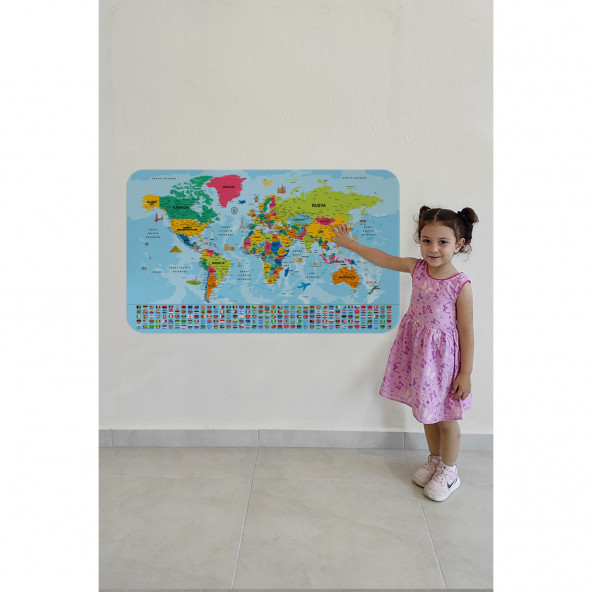 Dünya Haritası Eğitici Öğretici Ülke Bayraklı Çocuk Genç Odası Duvar Sticker 100x65cm - 2