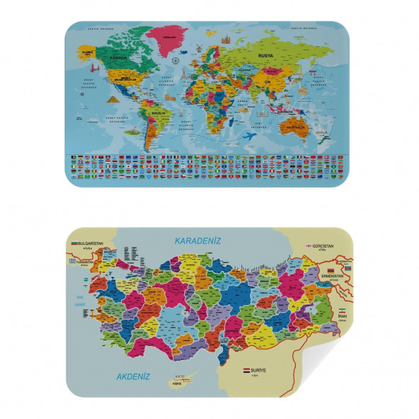 Türkiye ve Ülke Bayraklı Dünya Haritası Kendinden Yapışkanlı Sticker Seti 100x65cm