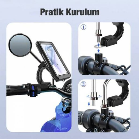 Polham Motosiklet, Scooter İçin Aynaya Takılan Su Geçirmez Telefon Tutucu, Dokunmatik Kapaklı Tutucu - 5