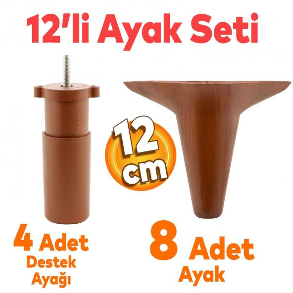 Aspen Mobilya Ayağı 12li Set Robot Süpürge İçin Koltuk Kanepe Destek 12 cm Kahverengi Baza Ayak