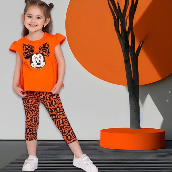 Turuncu Renk Minie Mouse Papyon Desenli Leopar Kapri Takım - 2