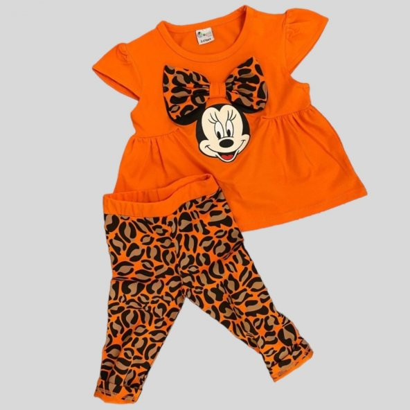 Turuncu Renk Minie Mouse Papyon Desenli Leopar Kapri Takım - 3