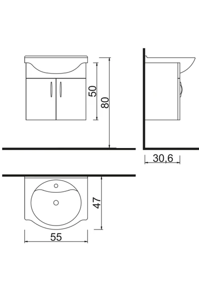 Denko Akyazı 55 cm MDF Banyo Dolabı Antrasit Gri Alt Modül ve Lavabo - Resim 3