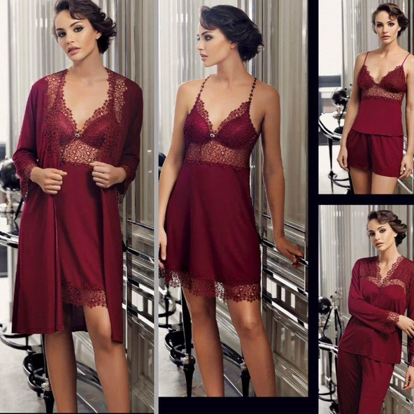 Perin 190 Bordo  Penye  6 Lı Gecelik Sabahlık  Çeyiz Seti - Resim 5