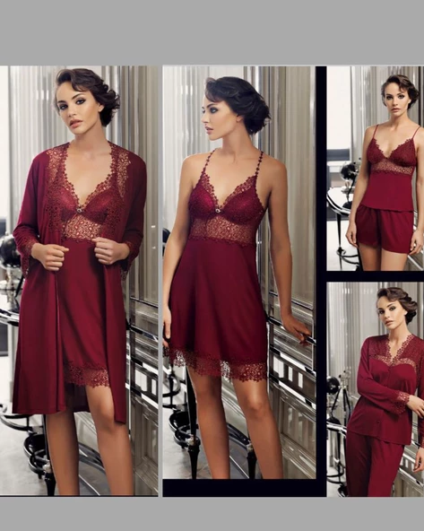 Perin 190 Bordo  Penye  6 Lı Gecelik Sabahlık  Çeyiz Seti - Resim 6
