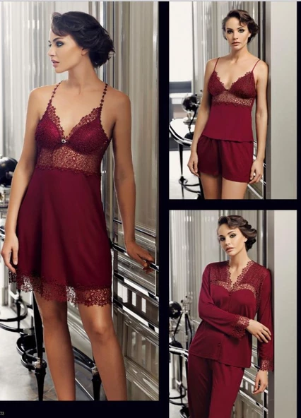 Perin 190 Bordo  Penye  6 Lı Gecelik Sabahlık  Çeyiz Seti - Resim 8