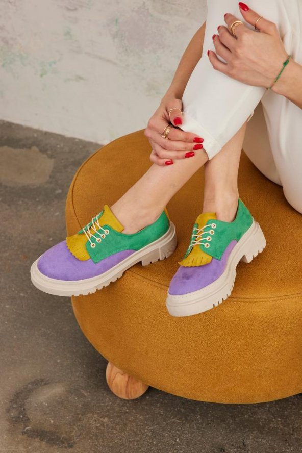 Marjinix Çok Renkli Topuklu Günlük Rahat Kadın Babet Loafer Ayakkabı