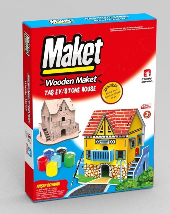 Ahşap Taş Ev Maket Boyama Seti, 6lı Boya Ve Fırça Dahil